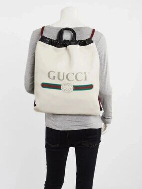Gucci White/Black Leather Printed Drawstring Backpack